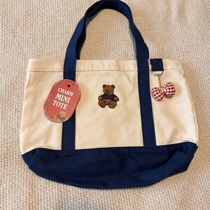 Canvas Mini Tote with Bear Embroidery - Cream & Navy